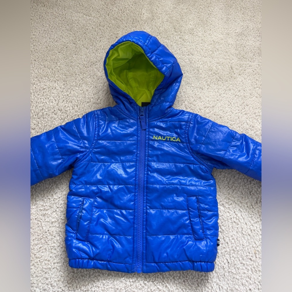 Nautica Royal Blue Hooded Puffer Jacket with Lime Interior